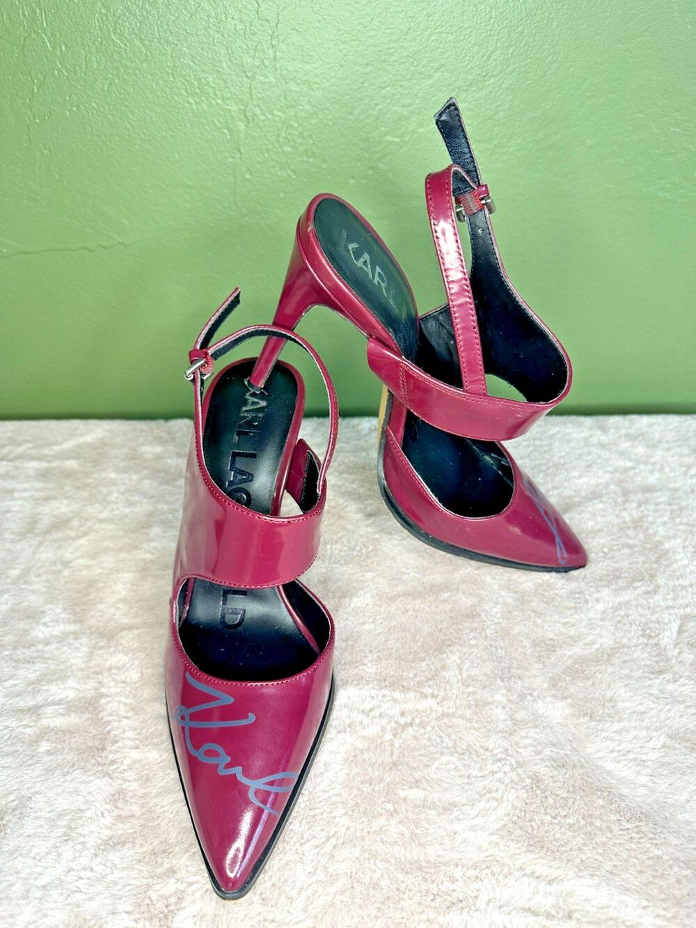 Karl Lagerfeld Oxblood Logo High Heels Sz 7 / 37.5 Streetwear Leather Slingback - Picture 2 of 7
